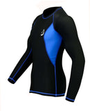 Mens Compression Skin Fit Thermal Base Layer Top with long sleeves and blue accents for performance activities.