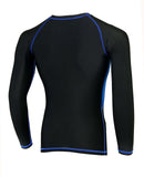 Mens Compression Skin Fit Thermal Base Layer Top in black with blue accents, designed for performance activities.
