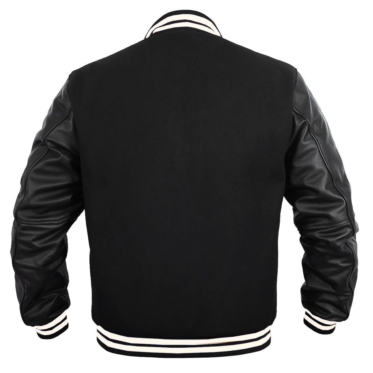 Hatch Sports Women Varsity Jacket Wool Body + Genuine Leather Arm Sleeves Baseball College Letterman All Black (White line)