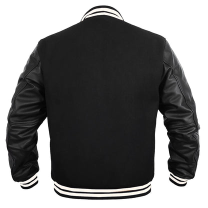 Hatch Sports Women Varsity Jacket Wool Body + Genuine Leather Arm Sleeves Baseball College Letterman All Black (White line)