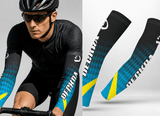 Stretchy Arm warmers Fingerless Gym, Running, Golf, Cycling Arm/Leg Sleeves Set on a cyclist, featuring a unique sublimation design.