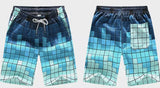 Stylish casual summer beach shorts for men in blue grid pattern, perfect for water activities and beach outings.
