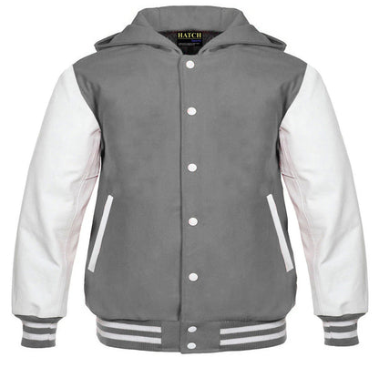 Hatch Sports Kids Varsity Hoodie Wool+Leather Grey/White