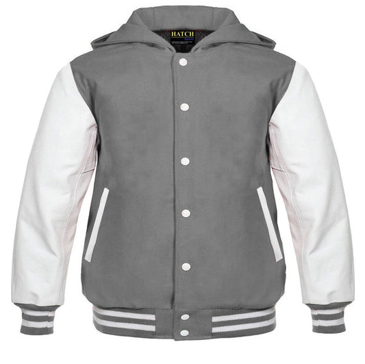 Hatch Sports Kids Varsity Hoodie Wool+Leather Grey/White