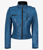 Women's Blue Waxed cowhide Leather Biker Style Jacket