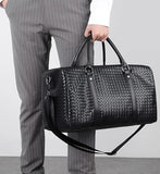 Leather Travel Duffle Bag for Men, Woven Carry On Weekender Overnight Bags for Business Sports Gym (Black)
