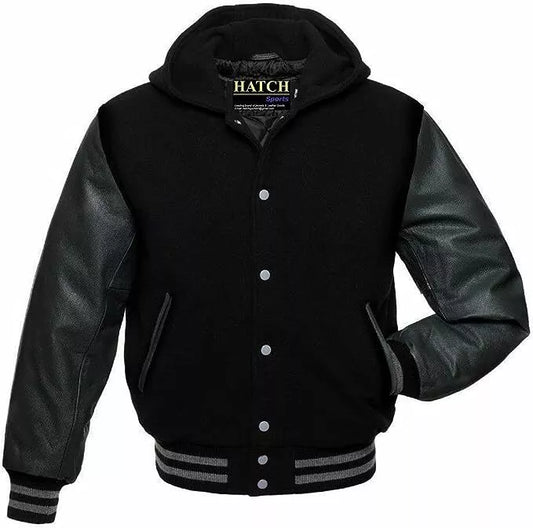 Hatch Sports Mens Varsity Baseball Hoodie Style Wool Body Genuine Leather Arms Varsity Jacket