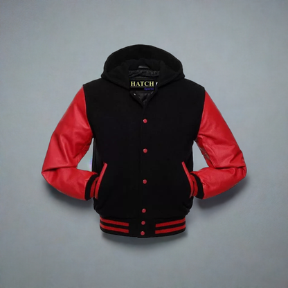 Hatch Sports Mens Varsity Baseball Hoodie Style Wool Body Genuine Leather Arms Varsity Jacket