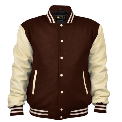 Hatch Sports Men's Varsity Jackets Genuine Leather Sleeve And Wool Body Brown/Cream