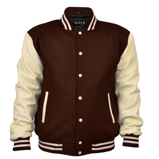 Hatch Sports Men's Varsity Jackets Genuine Leather Sleeve And Wool Body Brown/Cream