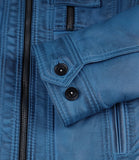 Women's Blue Waxed cowhide Leather Biker Style Jacket