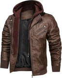 Men’s Casual Stand Collar PU Faux Leather Zip - Up Motorcycle Bomber Jacket With a Removable Hood - Hatch Sports