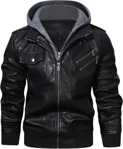 Men’s Casual Stand Collar PU Faux Leather Zip - Up Motorcycle Bomber Jacket With a Removable Hood - Hatch Sports