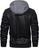 Men’s Casual Stand Collar PU Faux Leather Zip - Up Motorcycle Bomber Jacket With a Removable Hood - Hatch Sports