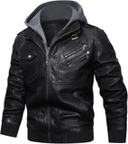 Men’s Casual Stand Collar PU Faux Leather Zip - Up Motorcycle Bomber Jacket With a Removable Hood - Hatch Sports