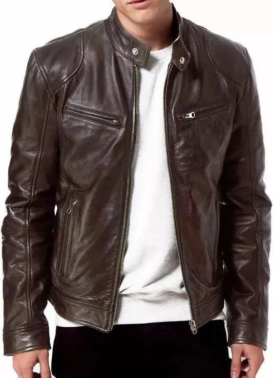 Mens Leather Jacket Motorbike Stylish Warm Winter Biker Coat Brown - Hatch Sports