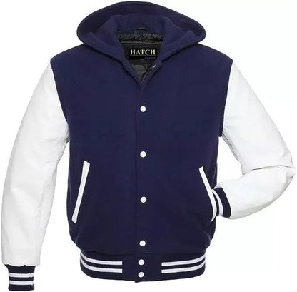 Hatch Sports Mens Varsity Baseball Hoodie Style Wool Body Genuine Leather Arms Varsity Jacket - Hatch Sports