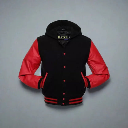 Hatch Sports Mens Varsity Baseball Hoodie Style Wool Body Genuine Leather Arms Varsity Jacket - Hatch Sports
