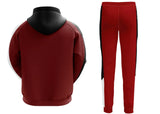 Hooded plain tracksuit fleece in red with ribbed cuffs and jogger bottoms, premium cotton blend, stylish activewear.