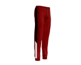 Red fleece joggers with black and white side panels, featuring a comfortable fit and drawstring waistband.