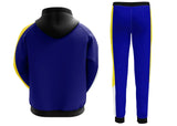 Hooded plain tracksuit fleece in blue with yellow and white accents, featuring ribbed cuffs and jogger-style pants.