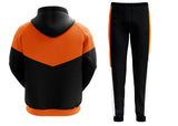 Hooded tracksuit with orange and black design, featuring ribbed cuffs and jogger pants, ideal for casual wear.