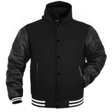 Hatch Sports Kids Varsity Hoodie Wool+Leather All Black(White Line)