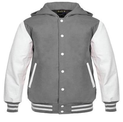 Hatch Sports Kids Varsity Hoodie Wool+Leather Grey/White - Hatch Sports