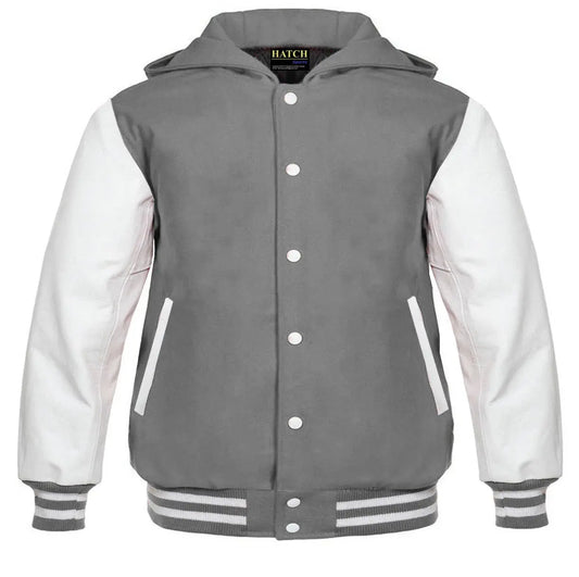 Hatch Sports Kids Varsity Hoodie Wool+Leather Grey/White - Hatch Sports