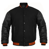 Hatch Sports Kids Varsity Jacket Genuine Leather Sleeve and Wool Blend Letterman Boys College/School Varsity Jackets All Black(Orange Line)