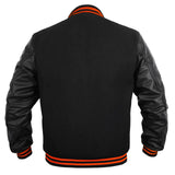 Hatch Sports Kids Varsity Jacket Genuine Leather Sleeve and Wool Blend Letterman Boys College/School Varsity Jackets All Black(Orange Line) - Hatch Sports