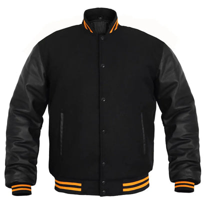 Hatch Sports Kids Varsity Jacket Genuine Leather Sleeve and Wool Blend Letterman Boys College/School Varsity Jackets All Black(Yellow Line) - Hatch Sports