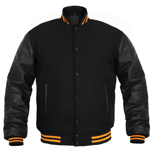 Hatch Sports Kids Varsity Jacket Genuine Leather Sleeve and Wool Blend Letterman Boys College/School Varsity Jackets All Black(Yellow Line) - Hatch Sports