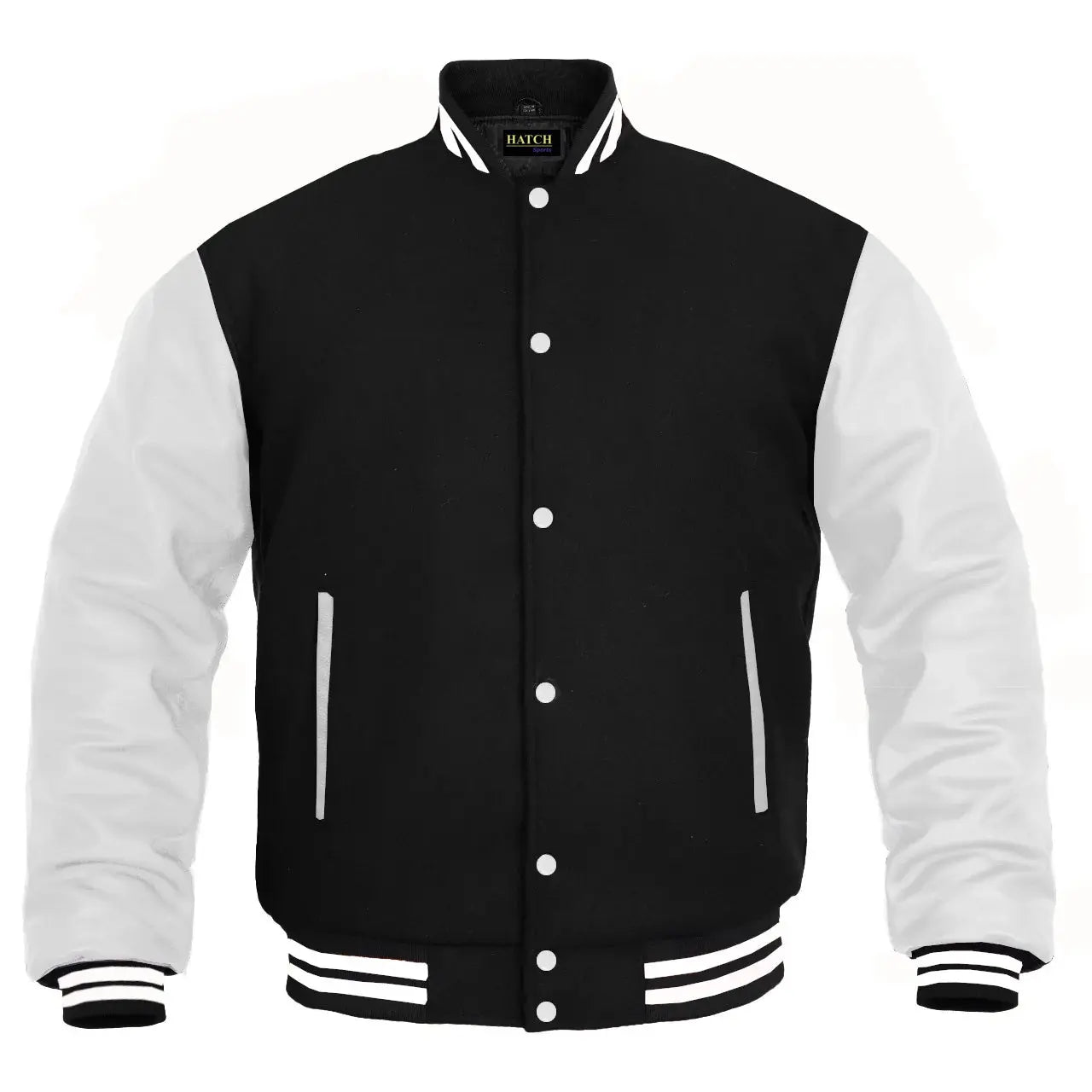 Hatch Sports Kids Varsity Jacket Genuine Leather Sleeve and Wool Blend Letterman Boys College/School Varsity Jackets Black/White - Hatch Sports