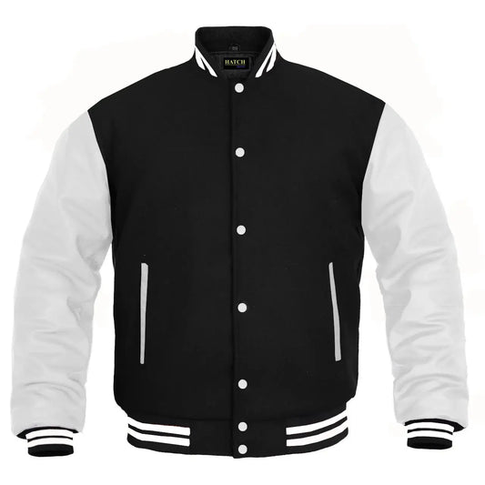 Hatch Sports Kids Varsity Jacket Genuine Leather Sleeve and Wool Blend Letterman Boys College/School Varsity Jackets Black/White - Hatch Sports