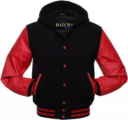Hatch Sports Mens Varsity Baseball Hoodie Style Wool Body Genuine Leather Arms Varsity Jacket - Hatch Sports