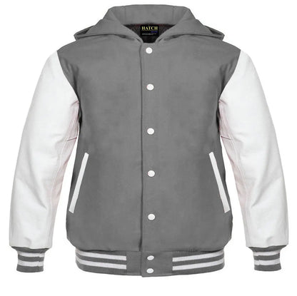 Hatch Sports Women Hoodie Wool Body + Genuine Leather Arm Sleeves Varsity Style Hoodie Grey/White - Hatch Sports
