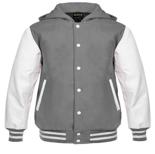 Hatch Sports Women Hoodie Wool Body + Genuine Leather Arm Sleeves Varsity Style Hoodie Grey/White - Hatch Sports