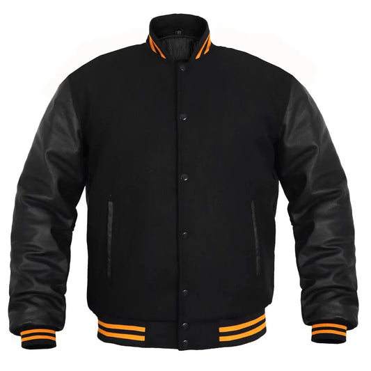 Hatch Sports Women Jacket Wool Body Genuine Leather Arm Sleeves Baseball College Letterman Jacket All Black(Yellow Line) - Hatch Sports