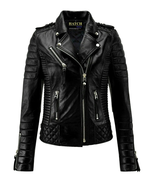 Hatch Sports Women's Black Motorcycle Biker Jackets Cafe Racer Retro Slim Fit Jackets - Hatch Sports