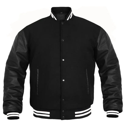 Hatch Sports Women Varsity Jacket Wool Body + Genuine Leather Arm Sleeves Baseball College Letterman All Black (White line) - Hatch Sports