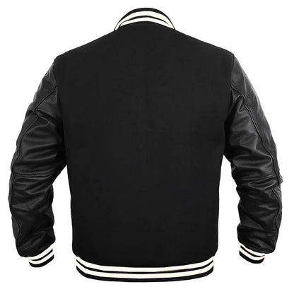 Hatch Sports Women Varsity Jacket Wool Body + Genuine Leather Arm Sleeves Baseball College Letterman All Black (White line) - Hatch Sports