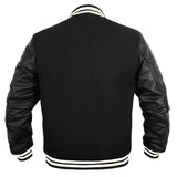 Hatch Sports Women Varsity Jacket Wool Body + Genuine Leather Arm Sleeves Baseball College Letterman All Black (White line) - Hatch Sports