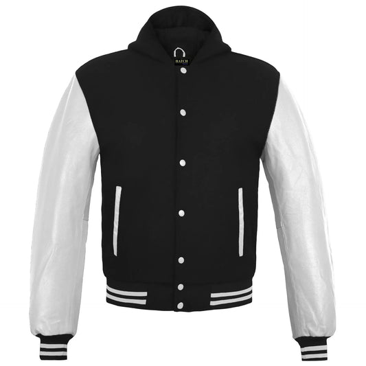 Hatch Sports Womens Hoodie Wool body Genuine Cowhide Leather Arm Sleeves College Letterman Varsity HoodieHoodie Wool+Leather Black/White - Hatch Sports