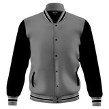Hatch Sports men's winter fleece bomber jackets in grey and black with varsity style design and cotton blend fleece material.