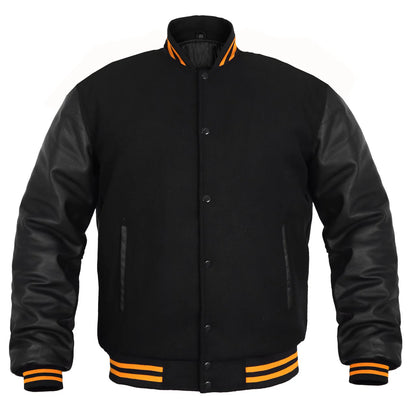Hatch Sports Kids Varsity Jacket Genuine Leather Sleeve and Wool Blend Letterman Boys College/School Varsity Jackets All Black(Yellow Line)