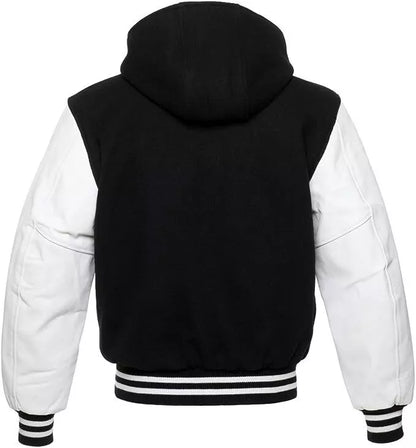 Men’s Varsity Baseball Letterman Hoodie Wool Body Genuine Cowhide Leather Arms