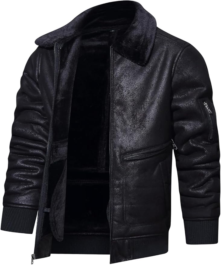 Men’s Faux Leather Jacket Warm Winter Fur Coat Motorcycle Bomber Jacket
