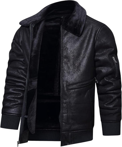 Men’s Faux Leather Jacket Warm Winter Fur Coat Motorcycle Bomber Jacket