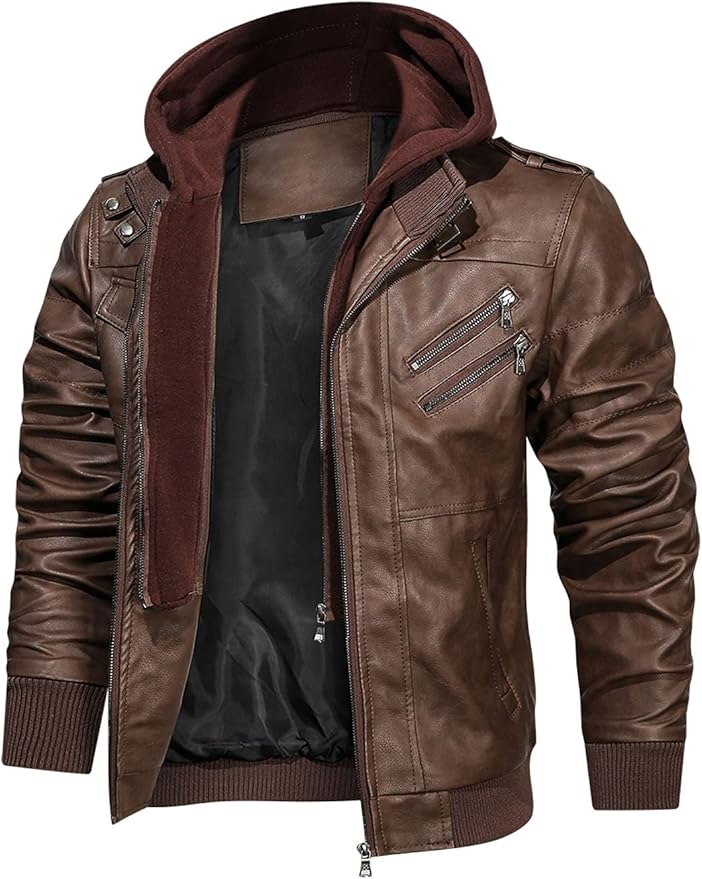 Men’s Casual Stand Collar PU Faux Leather Zip-Up Motorcycle Bomber Jacket With a Removable Hood